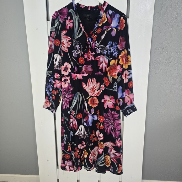 J Crew Womens Dutch Floral Dress 6 Midi Tie-Neck Pink Black Cocktail Preppy - Picture 2 of 10